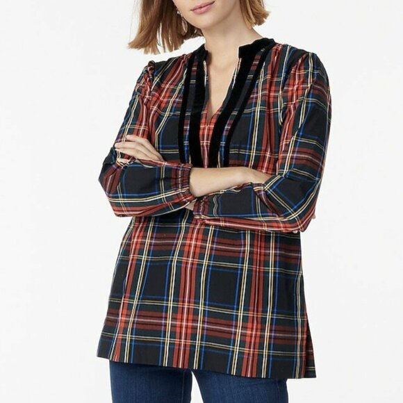 J. Crew Stewart Plaid Tartan Tunic Top Blouse Shirt XL Black Velvet Trim Holiday - Picture 1 of 12